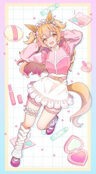 1girl :d animal_ears belt blue_border blush border bottle bow breasts checkered_background commentary_request cosmetics double_v frilled_skirt frilled_thigh_strap frills full_body gradient_border gradient_hair hair_between_eyes hair_bow hand_mirror heart highres horse_ears horse_girl horse_tail horus_furefure kneehighs lipstick_tube long_hair long_sleeves looking_at_viewer maid maid_headdress mayano_top_gun_(umamusume) medium_breasts mirror multicolored_hair multiple_hair_bows open_mouth orange_eyes orange_hair orange_tail perfume_bottle pink_belt pink_border pink_bow pink_shoes pink_shorts pink_track_suit shoes shorts skirt smile socks solo tail thigh_strap track_suit two_side_up umamusume v white_background white_skirt white_socks