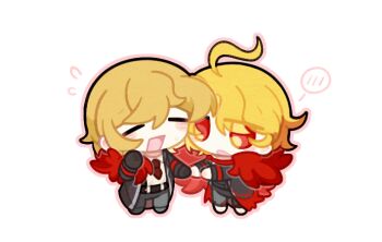 1boy 1girl ahoge arm_at_side azhong_123 belt belt_buckle black_belt black_coat black_gloves black_pants black_sleeves blonde_hair blood blood_on_clothes blush blush_stickers buckle cape chibi chibi_only closed_eyes coat collared_shirt don_quixote_(project_moon) facing_another flying_sweatdrops fur_cape gloves hand_up holding_hands limbus_company long_sleeves looking_at_another necktie open_clothes open_coat open_mouth outstretched_arms pants project_moon red_cape red_eyes red_necktie sancho_(project_moon) shirt short_hair sinclair_(project_moon) spoken_blush sweatdrop undershirt white_background white_shirt wing_collar