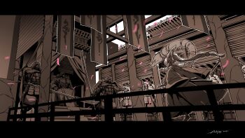 1girl 3boys absurdres andojing animal_ears armor banner bow cape dated hair_bow highres holding holding_polearm holding_weapon hood hood_up hooded_cape indoors japanese_armor katana kusazuri letterboxed limited_palette long_hair long_sleeves mask multiple_boys naginata original outline outstretched_hand polearm ponytail rabbit_ears robe sandals shoulder_armor signature sitting snake sode sword tassel throne weapon white_outline wide_sleeves wind