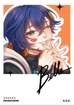 1girl belle_(zenless_zone_zero) black_shirt blue_hair border bracelet character_name commentary copyright_name crossed_bangs earrings english_commentary green_eyes hair_between_eyes hair_ornament haryu_chee interlocked_fingers jewelry letter_hair_ornament lipstick_mark lipstick_mark_on_face looking_at_viewer one_eye_closed orange_background orange_nails outline own_hands_together parted_lips portrait shirt short_hair solo twitter_username white_border white_outline zenless_zone_zero