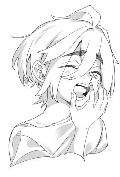 Rule 34 | 1boy, ahoge, closed eyes, commentary request, crossed bangs, greyscale, hair between eyes, hand to own mouth, highres, kieran (pokemon), male focus, messy hair, monochrome, naruse makoto, nintendo, open mouth, partial commentary, pokemon, pokemon sv, sketch, sleepy, solo, tearing up, yawning