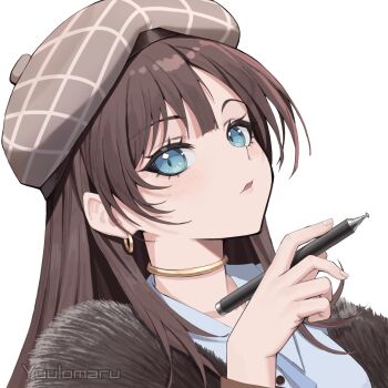 1girl beret blue_eyes brown_hair brown_hat buttons closed_mouth coat collared_shirt commentary earrings fur_trim hat highres holding holding_pen jewelry long_hair looking_at_viewer original pen shirt solo yangie37