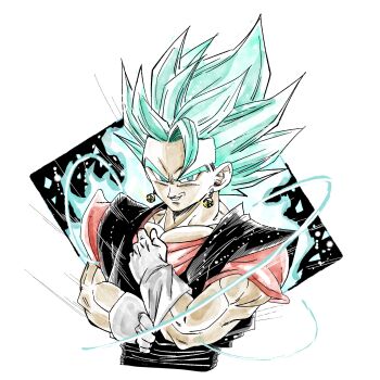 1boy 1rasutotoukou absurdres aura blue_eyes blue_hair dragon_ball dragon_ball_super earrings highres jewelry male_focus medium_hair orange_shirt partially_colored potara_earrings shirt simple_background smirk solo spiked_hair super_saiyan super_saiyan_blue upper_body vegetto white_background