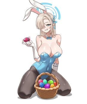 Rule 34 | asuna (blue archive), asuna (bunny) (blue archive), bare shoulders, black leotard, blue archive, blue eyes, blue halo, breasts, cleavage, covered navel, detached collar, dozy kiwi, easter egg, egg, elbow gloves, gloves, hair over one eye, halo, large breasts, leotard, long hair, official alternate costume, playboy bunny, rabbit ears, sitting, smile, spread legs, teeth, thighs, white gloves
