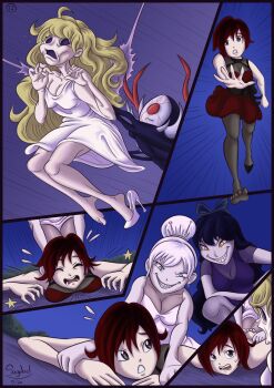 4girls blake_belladonna blonde_hair breasts cleavage deflated dress geist_(rwby) grimm_(rwby) grin high_heels multiple_girls possessed possession ruby_rose rwby sagabel skinsuit smile weiss_schnee white_hair yang_xiao_long