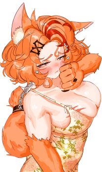 1girl animal_ear_fluff animal_ears animal_hands arm_hair artist_name blush bone breasts buffpup_(vtuber) claws cleavage closed_mouth commentary curly_hair dot_nose dress english_commentary floral_print from_side furry furry_female hair_ornament hairpin heart heart-shaped_pupils highres large_breasts looking_to_the_side medium_hair muscular muscular_female orange_hair parted_bangs raised_inner_eyebrows scar scar_on_chest simple_background solo standing sundress symbol-shaped_pupils tail upper_body vacantstone vchiban virtual_youtuber white_background wolf_ears wolf_girl wolf_tail