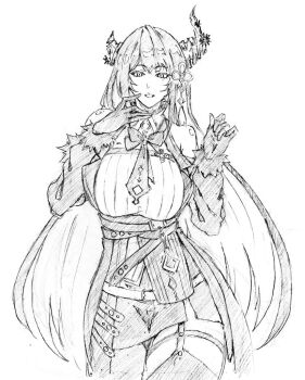 1girl asymmetrical_horns bare_shoulders black_hair blue_hair breasts colored_inner_hair crystal_horns demon_horns feather-trimmed_jacket flower gloves greyscale hair_between_eyes hair_ornament hololive hololive_english horn_flower horns kubo_tite_(style) large_breasts long_hair looking_at_viewer mole mole_under_eye monochrome multicolored_hair nerissa_ravencroft nerissa_ravencroft_(1st_costume) open_mouth rakusakugk simple_background sketch smile solo split-color_hair tassel tassel_hair_ornament two-tone_hair uneven_horns very_long_hair virtual_youtuber white_background
