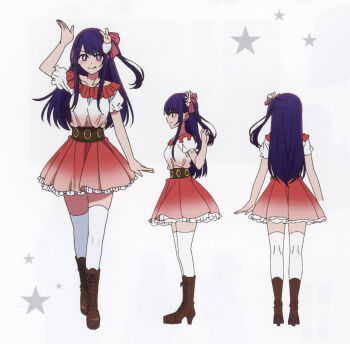 1girl :p absurdres belt boots brown_belt brown_boots dress frills hair_ornament highres hoshino_ai idol idol_clothes long_hair looking_at_viewer non-web_source official_art oshi_no_ko purple_eyes purple_hair rabbit_hair_ornament red_dress red_skirt skirt smile socks solo star-shaped_pupils star_(symbol) symbol-shaped_pupils tongue tongue_out white_socks