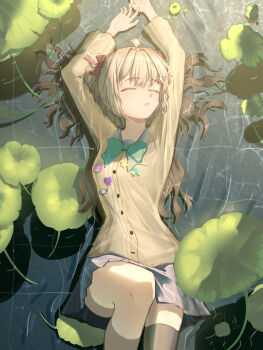 Rule 34 | 1girl, absurdres, arms up, black thighhighs, bow, bowtie, brown hair, cardigan, closed eyes, clover, commentary request, green bow, green bowtie, hair bow, heart, highres, lily pad, lying, neuro-sama, on back, pin, pool, red bow, skirt, sleeping, solo, thighhighs, vedal987, vedal ai, water, yida wh