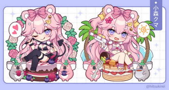 1girl animal animal_ears bear_ears bikini black_skirt black_thighhighs blue_border blueberry border bow breasts brown_shoes check_copyright cleavage commentary_request copyright_request crossed_legs flower food fork fruit grid_background hair_between_eyes hair_bow heart hitsuki_rei holding holding_food holding_fork in_food koala komori_kuma medium_breasts mini_person minigirl multiple_views navel palm_tree pink_bow pink_flower pink_hair pink_rose purple_eyes rose sandals sheenagames shoes short_eyebrows sitting skirt sparkle spoken_heart spoken_sun striped_bikini striped_bow striped_clothes swimsuit thick_eyebrows thighhighs translation_request tree vertical-striped_bikini vertical-striped_clothes virtual_youtuber water_gun white_background white_flower white_rose white_sandals yellow_bow