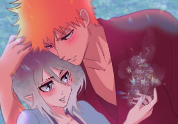 Rule 34 | 1boy, 1girl, alternate universe, black hair, bleach, blue eyes, blurry, blush, brown eyes, commentary, english commentary, gradient hair, hair between eyes, height difference, hetero, highres, kuchiki rukia, kurosaki ichigo, magic, multicolored hair, orange hair, pointy ears, smile, snowflakes, umbra (edits umbra), white hair