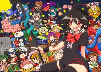 Rule 34 | > <, 6+girls, :d, ^ ^, altaria, asymmetrical wings, bamboo broom, bat wings, blush, bottle, broom, broom riding, chibi, cirno, closed eyes, crossover, crystal, cup, doraemon, doraemon (character), double v, dress, drunk, everyone, flandre scarlet, floppy ears, food, full moon, futatsuiwa mamizou, gap (touhou), gen 3 pokemon, hagoromo, hair ornament, hairband, hakurei reimu, hat, hijiri byakuren, himekaidou hatate, holding, houjuu nue, hug, hug from behind, izayoi sakuya, kaenbyou rin, kaenbyou rin (cat), kaku seiga, kasodani kyouko, kirby, kirby (series), kirisame marisa, kochiya sanae, komeiji koishi, komeiji satori, kracko, kumoi ichirin, laevatein, looking at viewer, miyako yoshika, mob cap, mononobe no futo, moon, multiple crossover, multiple girls, murasa minamitsu, nagae iku, nazrin, night, night sky, nintendo, ofuda, open mouth, pokemon, pokemon (creature), reiuji utsuho, reiuji utsuho (bird), remilia scarlet, rindou (p41neko), rumia, sailor hat, sake bottle, shawl, short dress, shrimp, shrimp tempura, sky, smile, snake, soga no tojiko, star (symbol), t t, tatara kogasa, teacup, tempura, thighhighs, toramaru shou, touhou, toyosatomimi no miko, ufo, unzan, v, waddle dee, wide hips, wings, wristband, xd, yakumo yukari, yin yang, zettai ryouiki