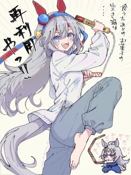 2girls ahoge animal_ears blue_eyes blue_hairband blush closed_mouth commentary_request dougi ear_covers grey_hair grey_pants grey_tail hair_between_eyes hairband headband highres holding holding_nunchaku holding_weapon horse_ears horse_girl horse_tail karate_gi long_hair long_sleeves multicolored_hair multicolored_hairband multiple_girls naenaejkr nunchaku oguri_cap_(umamusume) open_mouth pants red_headband shirt smile standing standing_on_one_leg striped_clothes striped_hairband tail tamamo_cross_(umamusume) teeth two-tone_hairband umamusume upper_teeth_only very_long_hair weapon white_shirt