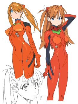 1girl :/ ? bad_id blue_eyes bodysuit breasts brown_hair closed_mouth cowboy_shot curvy interface_headset_(evangelion) long_hair mecha_pilot_suit medium_breasts multiple_views narrow_waist neon_genesis_evangelion plugsuit_(evangelion) red_bodysuit rinami456 simple_background skin_tight solo souryuu_asuka_langley standing twintails two_side_up white_background wide_hips