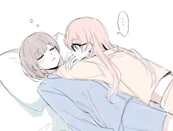 ... 2girls bang_dream! bang_dream!_it&#039;s_mygo!!!!! blue_shirt blue_shorts blush chihaya_anon closed_eyes closed_mouth commentary_request cuddling glasses grey_eyes grey_hair hand_on_another&#039;s_back highres long_hair lying_on_person multiple_girls pajamas parted_lips pillow pink_hair shirt short_hair shorts simple_background sleeping spoken_ellipsis suudori takamatsu_tomori white_background yellow_shirt yuri zzz