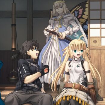 1girl 2boys ahoge artoria_caster_(fate) artoria_caster_(first_ascension)_(fate) artoria_pendragon_(fate) bare_shoulders belt belt_bag black_gloves black_hair black_pantyhose blonde_hair blue_eyes blush breasts brown_belt buttons cloak collar fate/grand_order fate_(series) flower fujimaru_ritsuka_(male) gloves green_eyes grey_belt grey_gloves grey_pants hair_between_eyes holding holding_sword holding_weapon jacket long_hair looking_at_viewer multiple_boys oberon_(fate) oberon_(first_ascension)_(fate) one_eye_closed open_mouth ornament pants pantyhose robe shoori_(migiha) short_hair short_sleeves simple_background sitting skirt small_breasts sword teeth twintails vest weapon white_cloak white_robe white_skirt white_vest