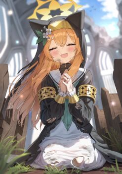 1girl :d absurdres animal_ear_headwear animal_ears armband blue_archive blush church closed_eyes commentary_request crying dirty dirty_clothes dirty_face double-parted_bangs dress facing_viewer fake_animal_ears frilled_sleeves frills hair_ornament halo highres interlocked_fingers long_hair long_sleeves mari_(blue_archive) neckerchief nun open_mouth orange_hair own_hands_clasped own_hands_together partial_commentary skirt smile superpig tears torn_clothes torn_dress yellow_halo