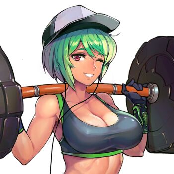 1girl barbell bare_shoulders baseball_cap breasts cleavage dark-skinned_female dark_skin earbuds earphones exercising female_focus game_cg gloves green_hair grin hat large_breasts last_origin looking_at_viewer mighty_r muscular muscular_female official_art one_eye_closed peaked_cap red_eyes short_hair sima_(startwitch) skindentation smile sports_bra tan teeth tight_clothes toned toned_female transparent_background upper_body weightlifting weights wink