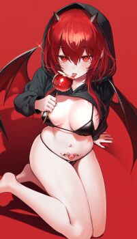 1girl :p absurdres arm_behind_back bikini black_bikini blush breasts candy_apple commentary_request cropped_hoodie demon_girl demon_horns demon_wings earrings expressionless food full_body hair_between_eyes ham99luv hand_up highres holding holding_candy_apple holding_food hood hood_up hoodie horns jewelry kneeling korean_commentary licking long_hair medium_breasts navel navel_piercing original piercing pubic_tattoo red_eyes red_hair red_nails slit_pupils stomach swimsuit tattoo thighs tongue tongue_out tongue_piercing wings