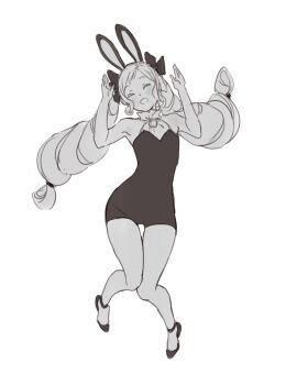 1girl :d ai-wa alternate_costume animal_ear_hairband animal_ears armpits arms_up bare_shoulders bow closed_eyes commentary_request drill_hair elise_(fire_emblem) fake_animal_ears fire_emblem fire_emblem_fates greyscale hair_bow hairband hands_up happy highres jumping long_hair monochrome nintendo open_mouth playboy_bunny rabbit_ear_hairband rabbit_ears shoes sidelocks simple_background skin_tight smile solo twin_drills twintails white_background