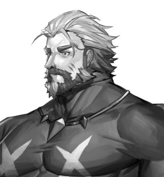 1boy bara beard black_beard black_hair black_shirt compression_shirt facial_hair facial_scar greyscale jewelry looking_to_the_side male_focus mature_male monochrome multicolored_hair muscular muscular_male neumo old old_man pectoral_cleavage pectorals pompey_(zenless_zone_zero) scar scar_on_cheek scar_on_face shirt simple_background skin_tight white_background white_beard white_hair zenless_zone_zero