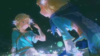 1boy 1girl absurdres akakagami blonde_hair blue_cape blue_gloves blue_shirt blush cape chest_harness chinese_commentary closed_mouth commentary_request fingerless_gloves fireflies flower gloves hair_flower hair_ornament happy harness highres layered_sleeves link long_sleeves night nintendo pants ponytail princess_zelda shirt short_hair short_over_long_sleeves short_ponytail short_sleeves sitting sparkle star_(sky) the_legend_of_zelda the_legend_of_zelda:_tears_of_the_kingdom white_flower white_pants