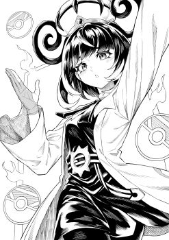 1girl :o absurdres arm_up ayumuhotaka belt belt_buckle blush bob_cut buckle coat dress eyelashes gloves greyscale gwynn_(pokemon) hat highres long_sleeves looking_at_viewer monochrome nintendo o-ring o-ring_belt open_clothes open_coat open_mouth partially_fingerless_gloves poke_ball_symbol pokemon pokemon_legends:_z-a short_hair solo
