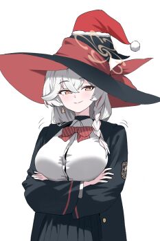 1girl arms_under_breasts black_hat black_robe black_skirt blue_archive blush bow bowtie braid breasts button_gap commentary crossed_arms diagonal-striped_bow diagonal-striped_bowtie diagonal-striped_clothes earrings eri_(blue_archive) fur-trimmed_headwear fur_trim grey_hair hat jewelry large_breasts looking_at_viewer multicolored_hair pleated_skirt potgit red_bow red_bowtie red_hair robe santa_hat shirt simple_background single_braid skirt smile solo streaked_hair striped_bow striped_bowtie striped_clothes triangle_earrings two-sided_fabric two-sided_headwear two-tone_hair undershirt white_background white_shirt witch_hat