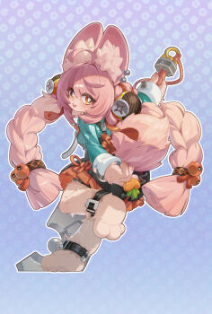 1girl absurdres ahoge animal_ear_fluff animal_ear_piercing animal_ears blush braid bright_pupils commentary_request furry furry_female hair_ornament highres long_hair looking_at_viewer open_mouth original pink_fur pink_hair rabbit_ears rabbit_girl red_eyes shirt short_eyebrows solo teru_(astral_party) thick_eyebrows twin_braids user_jwkz8373 white_pupils zenless_zone_zero zhao_(zenless_zone_zero)