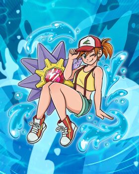 1girl ;) adjusting_clothes adjusting_headwear aqua_shorts bare_arms baseball_cap blue_eyes crop_top freckles full_body gem gen_1_pokemon green_eyes green_shorts hand_on_headwear hat looking_at_viewer midriff misty_(pokemon) nintendo one_eye_closed orange_hair pokemon pokemon_(anime) pokemon_(classic_anime) pokemon_(creature) pokemon_rgby ponytail shoes short_hair short_shorts shorts side_ponytail sleeveless smile sneakers solo starmie suspender_shorts suspenders tank_top water yellow_tank_top