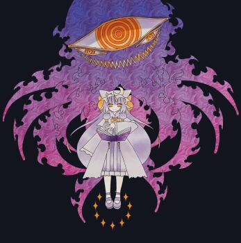 1girl black_background boku_(isizakitakasi) book bow bowtie crescent crescent_hat_ornament dress hat hat_bow hat_ornament long_hair long_sleeves mob_cap no_nose open_book patchouli_knowledge purple_dress purple_hair purple_hat purple_shoes shoes solo touhou very_long_hair wide_shot yellow_bow yellow_bowtie yellow_eyes