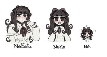 1girl anger_vein blunt_bangs bow brown_choker brown_eyes brown_hair character_name chibi choker closed_mouth dot_nose dress frilled_dress frills hair_bow hairband jewelry light_blush long_hair looking_at_viewer necklace nokota_(roseary) open_mouth original puff_of_air red_bow roseary simple_background smile thick_eyebrows twintails variations white_background white_dress