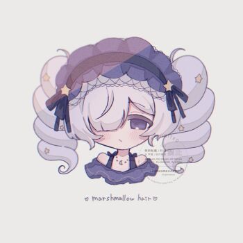 Rule 34 | 1girl, alternate hairstyle, blue hairband, blunt bangs, closed mouth, crescent, crescent necklace, drill hair, english text, grey background, grey hair, hair over one eye, hairband, jewelry, lolita fashion, lolita hairband, long hair, looking at viewer, mahou shoujo no majo saiban, natsume an-an, necklace, purple eyes, simple background, solo, twintails, upper body, wani (umaumausagi)