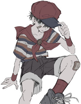 Rule 34 | 1boy, absurdres, adjusting clothes, adjusting headwear, bandaid, bandaid on face, baseball cap, black eyes, black shorts, commentary request, hat, hat over one eye, highres, looking at viewer, male focus, mother (series), mother 1, neckerchief, ninten, nintendo, parted lips, red hat, red neckerchief, shirt, shoes, shorts, sneakers, solo, striped clothes, striped shirt, wa noko, wristband