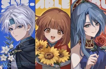 Rule 34 | 1boy, 2girls, :d, anniversary, arle nadja, armor, black cape, blue dress, blue eyes, blue hair, blue headband, breastplate, brown eyes, brown hair, cape, character name, closed mouth, commentary, crowea, dress, flower, green eyes, grey hair, headband, highres, holding, holding flower, long sleeves, looking at viewer, madou monogatari, madou monogatari ars, multiple girls, off-shoulder dress, off shoulder, open mouth, parted bangs, ponytail, puyopuyo, red flower, red rose, rose, rulue (puyopuyo), schezo wegey, short hair, smile, soinjan, sunflower, teeth, upper body, upper teeth only, white flower, yellow flower