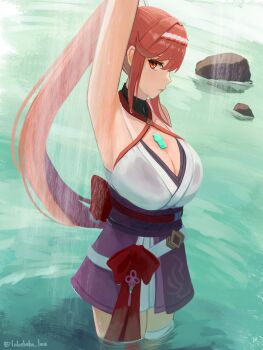 Rule 34 | 1girl, aqua background, arm up, armpits, artist name, bare shoulders, belt, bow, breasts, cleavage, closed mouth, commentary request, core crystal (xenoblade), cowboy shot, criss-cross halter, day, glimmer (xenoblade), hairband, halterneck, highres, huge breasts, japanese clothes, kimono, labebebe lee, long hair, obi, obijime, orange eyes, outdoors, partially submerged, ponytail, red bow, red hair, red hairband, red ribbon, ribbon, sash, short kimono, sidelocks, sleeveless, sleeveless kimono, solo, swept bangs, thigh strap, twitter username, very long hair, water, wet, wet clothes, white belt, white hairband, xenoblade chronicles (series), xenoblade chronicles 3, xenoblade chronicles 3: future redeemed