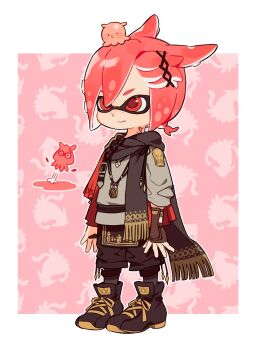 1boy black_gloves black_scarf black_shorts closed_mouth commentary_request dot_nose final_fantasy final_fantasy_xiv full_body g'raha_tia gloves grey_tunic hair_between_eyes hair_ornament hairclip horu97 jewelry looking_up male_focus necklace on_head red_eyes scarf shoelaces shoes short_hair shorts smile sneakers solo splatoonification squid standing tassel tunic