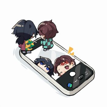 2boys black_hair black_jacket blue_eyes cellphone checkered_haori chibi chibi_only commentary_request demon_slayer_uniform earrings from_behind full_body hanafuda_earrings haori high_collar highres jacket japanese_clothes jewelry kamado_tanjirou kikkoumon kimetsu_no_yaiba long_hair low_ponytail male_focus multiple_boys multiple_views one_eye_closed phone ponytail print_haori red_haori selfie simple_background spiked_hair standing tomioka_giyuu white_background wwwsatosatowww