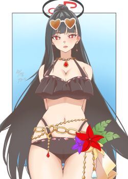 1girl :d absurdres arms_behind_back bare_shoulders belt bikini black_bikini black_hair blue_archive blunt_bangs blush breasts cleavage commentary_request cosplay earrings eyewear_on_head halo highres jewelry kyoshinsya_ysis large_breasts long_hair looking_at_viewer lynn_(voice_actor) maruzensky_(hot_summer_night)_(umamusume) maruzensky_(umamusume) maruzensky_(umamusume)_(cosplay) navel necklace open_mouth red_eyes rio_(blue_archive) smile solo sunglasses swimsuit umamusume voice_actor_connection