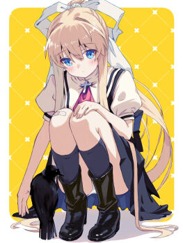 Rule 34 | 1girl, air (visual novel), akayama yukihe, bandaid, bandaid on knee, bandaid on leg, bird, black boots, black dress, black socks, blonde hair, blue eyes, blush, boots, border, closed mouth, colored eyelashes, commentary, cross, cross ornament, crow, dress, eyes visible through hair, frown, full body, hair between eyes, hair ribbon, highres, kamio misuzu, kneehighs, long hair, outside border, panties, ponytail, puffy short sleeves, puffy sleeves, ribbon, school uniform, shirt, short sleeves, sidelocks, simple background, sleeveless, sleeveless dress, socks, solo, sora (air), split mouth, squatting, straight hair, underwear, very long hair, white border, white panties, white ribbon, white shirt, yellow background