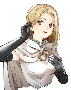 1girl black_gloves blonde_hair breasts brown_eyes cape commentary_request eyelashes gloves hand_on_own_chest highres long_hair medium_breasts octopath_traveler octopath_traveler_i open_mouth ophilia_(octopath_traveler) ophilia_clement rico_ot simple_background smile solo white_background white_cape