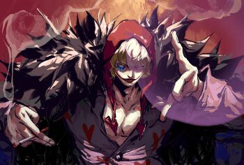 Rule 34 | 1boy, black cape, blonde hair, cape, cigarette, commentary request, donquixote rocinante, feather cape, heart, heart print, highres, holding, holding cigarette, hood, looking to the side, makeup, male focus, one piece, short hair, smoke, solo, upper body, yuan jessie0430