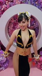 Rule 34 | 1girl, alternate costume, animated, ass, audible music, bracelet, braid, breasts, capcom, chilean (nationality), chun-li, chun-li (cosplay), claubailarinita, cleavage, cosplay, dancing, double bun, dress, hair bun, hands on own hips, highres, jewelry, leotard, leotard under clothes, looking at viewer, naughty face, official alternate costume, photo (medium), revealing clothes, shiny skin, short dress, simple background, skin tight, sound, spiked bracelet, spikes, standing, street fighter, street fighter iv (series), tagme, thighs, video