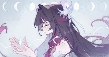 1girl bare_shoulders closed_eyes columbina_(genshin_impact) elf_exar eye_mask genshin_impact hair_ornament hair_ribbon long_hair mask moon multicolored_hair ribbon sparkle strapless watermark wing_hair_ornament