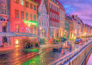 absurdres bicycle brick_road building car chair closed_umbrella cloud cloudy_sky commentary_request copenhagen_(city) denmark dusk highres lamppost leetius motor_vehicle neon_sign no_humans original outdoors parasol photorealistic pink_clouds real_world_location realistic road scenery sky street town umbrella