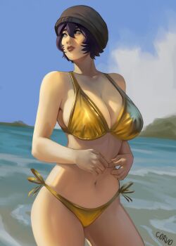 Rule 34 | 1girl, absurdres, artist name, bare arms, bare shoulders, beanie, bikini, blue sky, breasts, cleavage, collarbone, commentary, cowboy shot, day, english commentary, gold bikini, grey hat, hat, highres, large breasts, lips, looking to the side, may (midnight corvo), midnight corvo, navel, ocean, original, outdoors, parted lips, purple hair, short hair, side-tie bikini bottom, sky, solo, standing, stomach, swimsuit, thighs