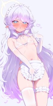 1girl absurdres apron artist_request bare_shoulders blue_eyes blush breasts commission covered_erect_nipples cowboy_shot elbow_gloves gloves halo heart highres long_hair looking_at_viewer navel original parted_lips pointy_ears purple_hair second-party_source simple_background small_breasts solo thighhighs very_long_hair waist_apron white_apron white_gloves white_thighhighs yellow_halo