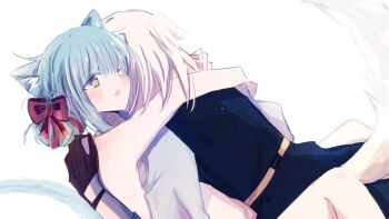 2girls 55ddee animal_ears arms_around_neck aver_(yumenokessho) bang_dream! bang_dream!_it&#039;s_mygo!!!!! black_tunic blue_hair blush bow cat_ears doloris_(bang_dream!) gloves hair_bow hug kemonomimi_mode long_hair misumi_uika multiple_girls one_eye_closed open_mouth red_bow red_gloves sweets_paradise togawa_sakiko tunic yellow_eyes yumenokessho yuri