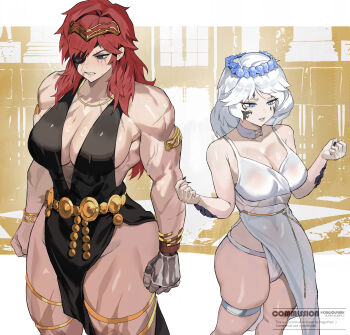 2girls absurdres armlet arms_at_sides bare_arms bare_shoulders belt black_dress black_nails black_scales blue_eyes bracelet breasts choker cleavage clenched_hands commission cowboy_shot cross-laced_choker curvy dress eyepatch fingernails flower_wreath gold_armlet gold_belt gold_bracelet gold_necklace gold_thighlet gold_tiara hands_up height_difference highres jewelry large_breasts long_hair mechanical_hands multiple_girls muscular muscular_female necklace no_bra original park_ongjol red_hair scales scar scar_across_eye scar_on_face scar_on_leg sharp_fingernails side-by-side side_slit single_mechanical_hand sleeveless sleeveless_dress standing thick_thighs thigh_strap thighlet thighs v-shaped_eyebrows watermark white_choker white_hair