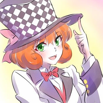 1girl bow bowtie checkered commentary_request cosplay female_focus formal_clothes freckles green_eyes hat iesupa jojo_no_kimyou_na_bouken orange_hair penny_polendina ribbon rwby solo spoilers top_hat upper_body will_anthonio_zeppeli_(cosplay)